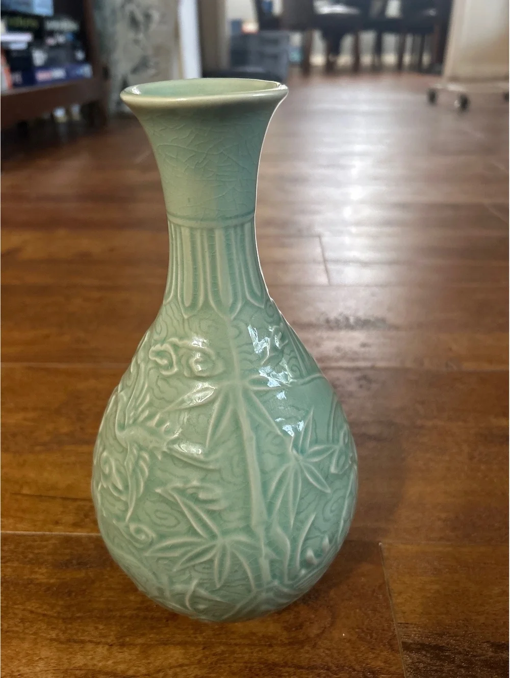 Celadon Green Ceramic Vase with Raised Animal and Floral Motifsp